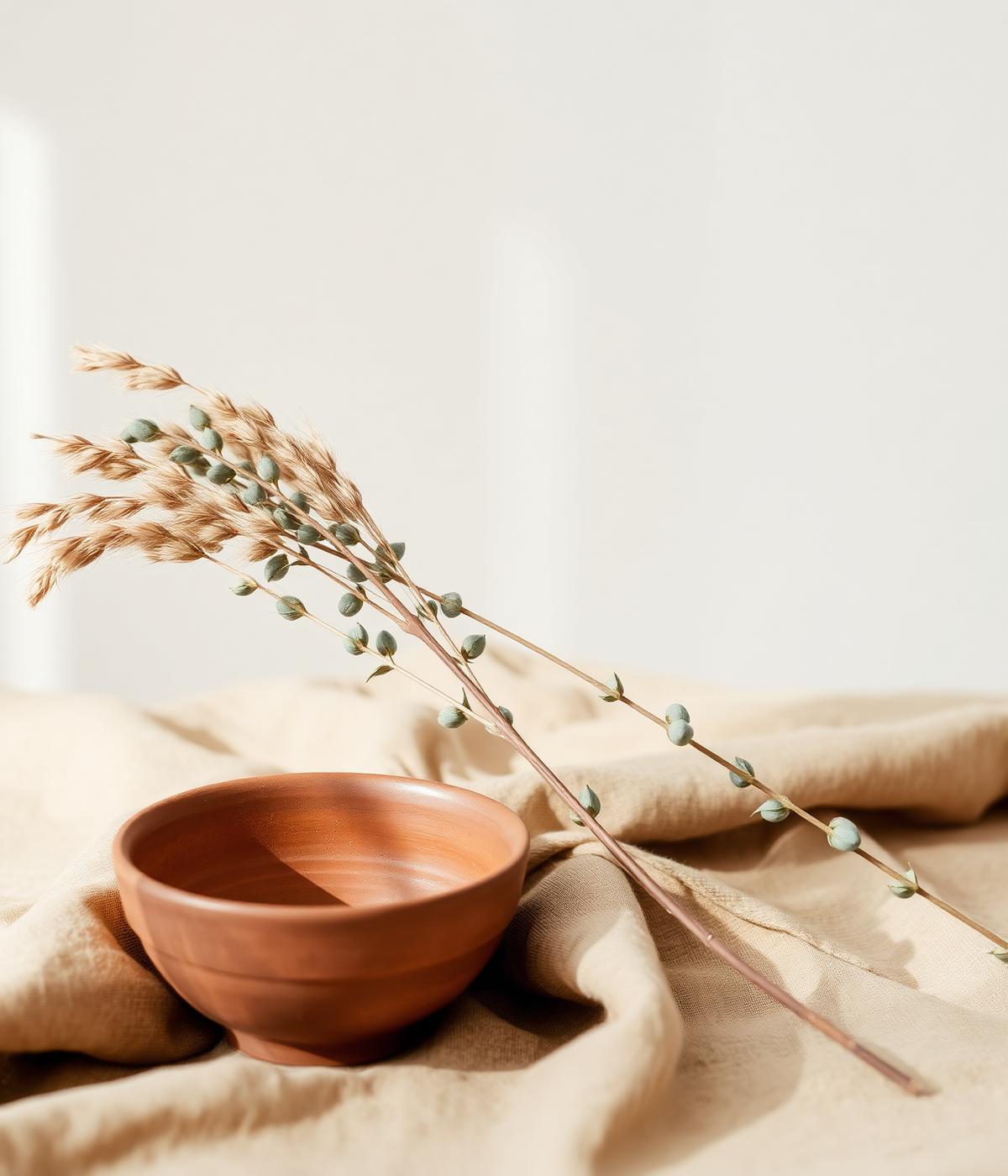 Composição minimalista com tigela de terracota e ramos secos